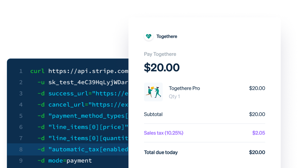 Preview of Stripe integration enabling sales tax calculation