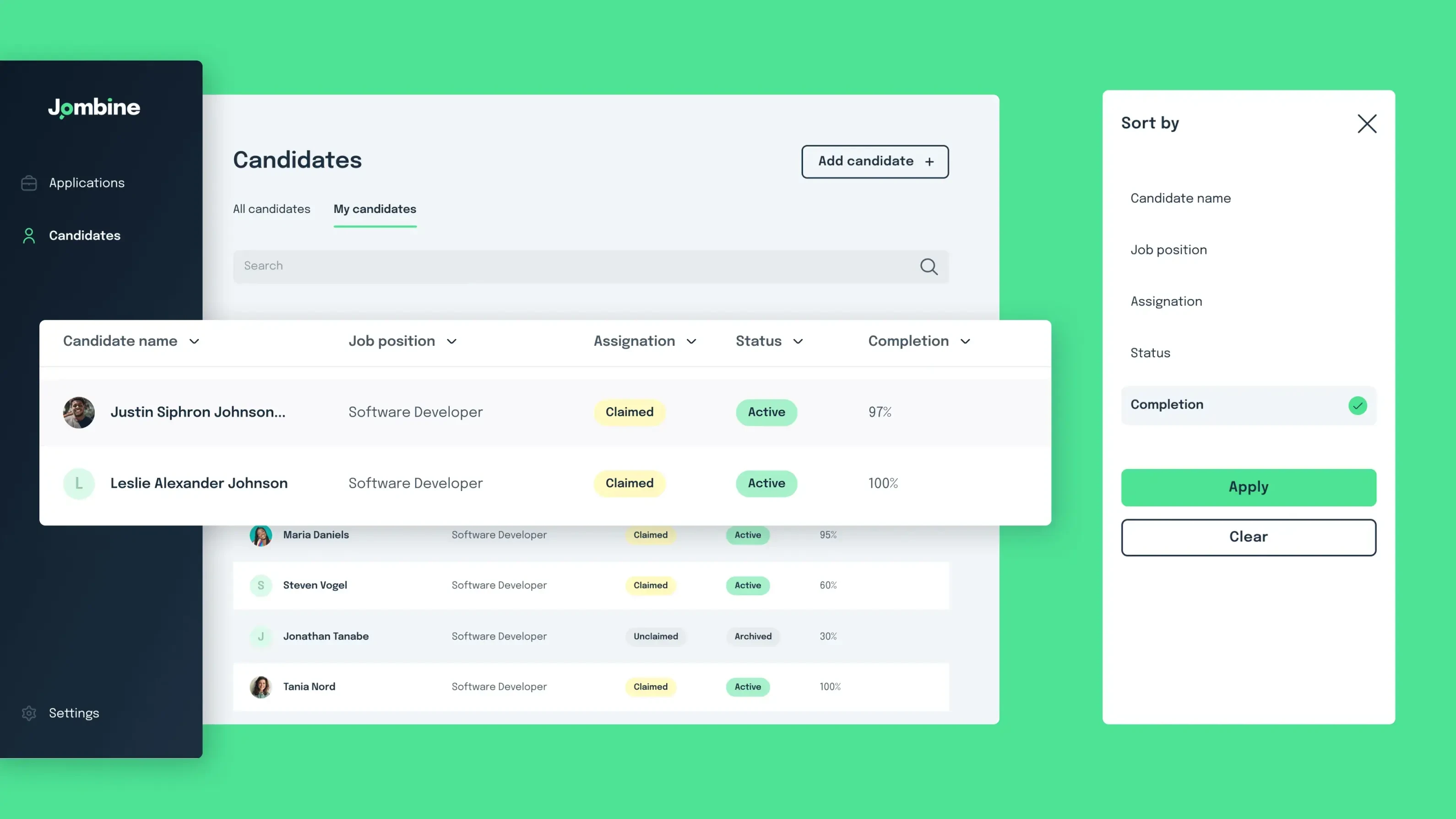 Jombine candidates dashboard